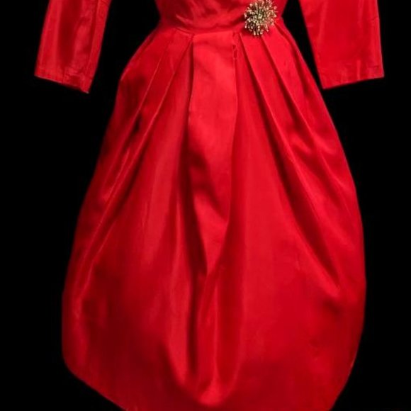 Vintage 1950s Holiday Xmas Party DRESS RED TAFFETA Bust 36" - Picture 2 of 8